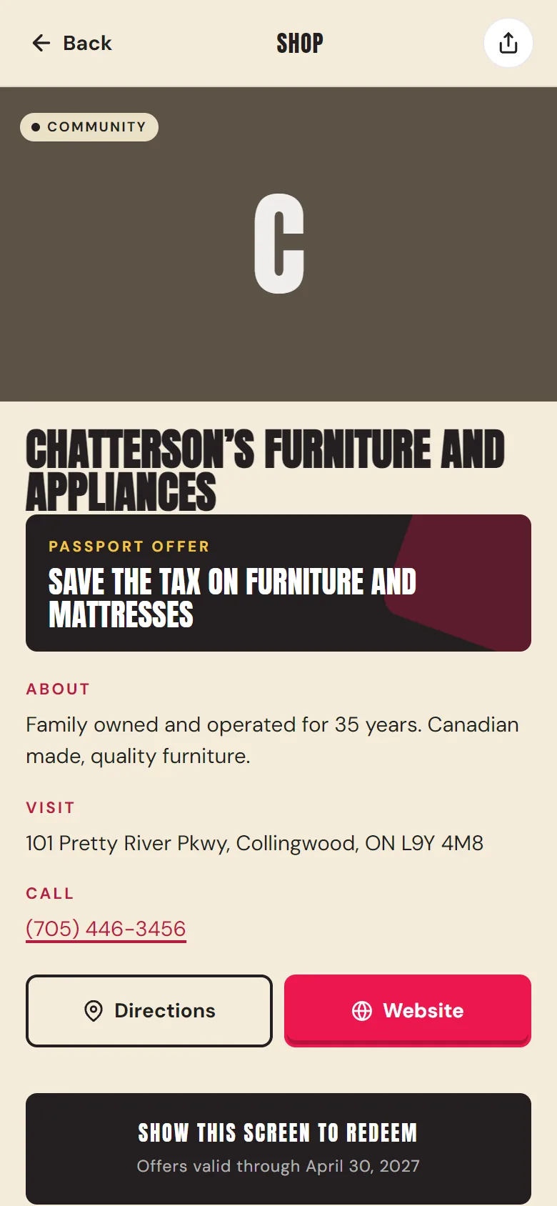A single business's page on a phone, with call, directions and website buttons